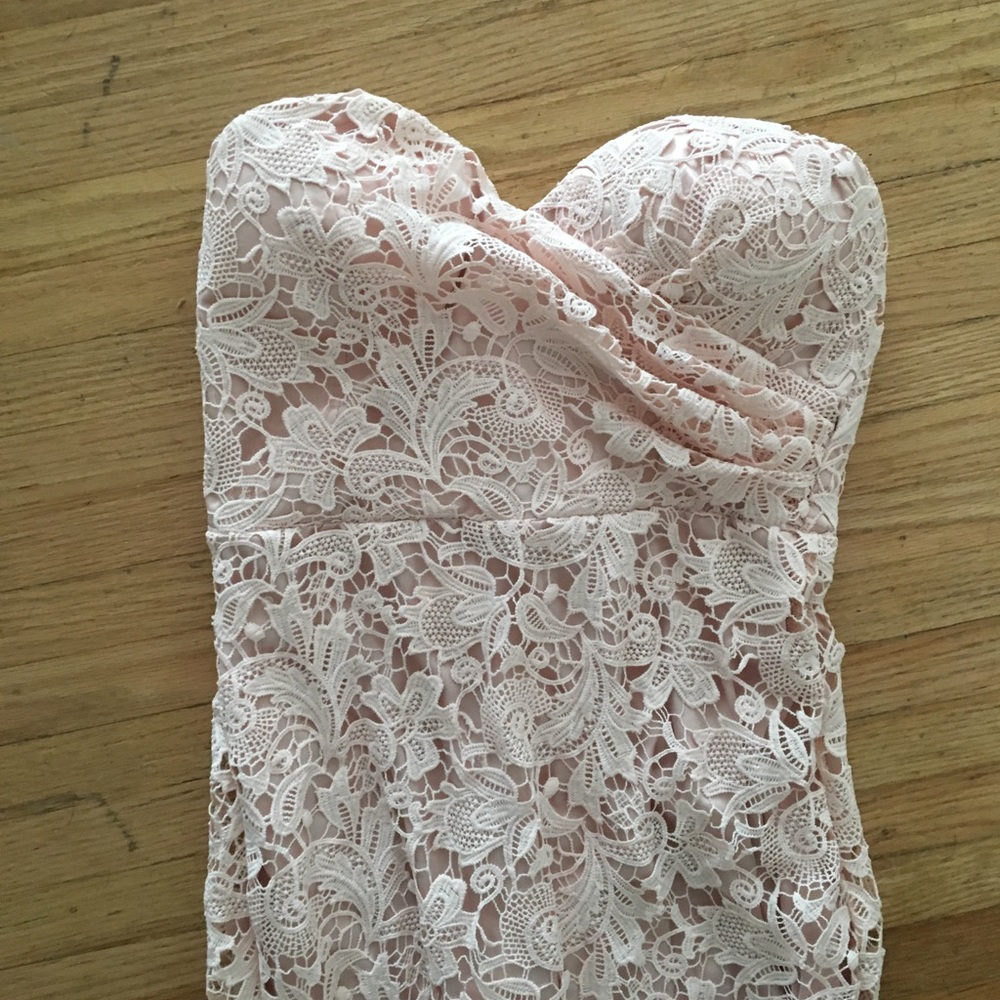 Strapless pink lace formal gown